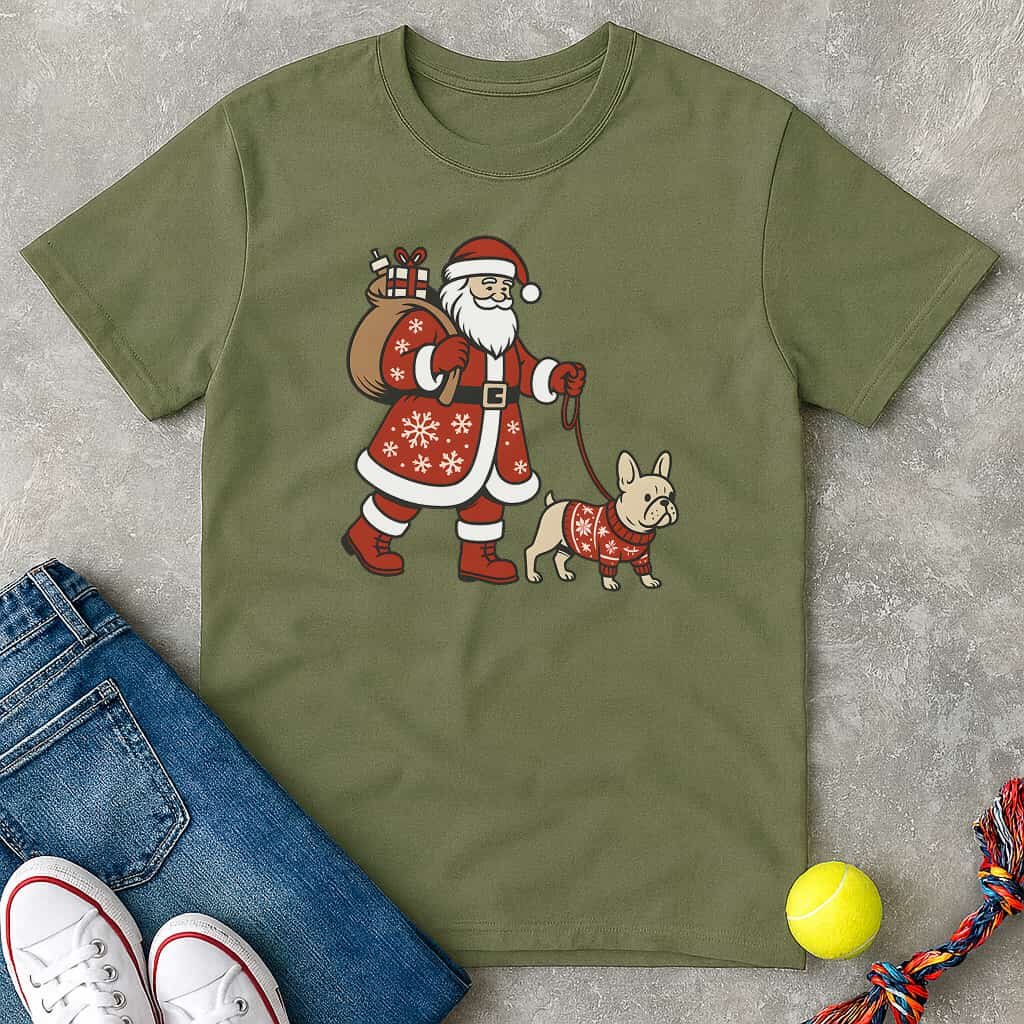 Santa walking frenchie T-Shirt - T-Shirt - Heartfur
