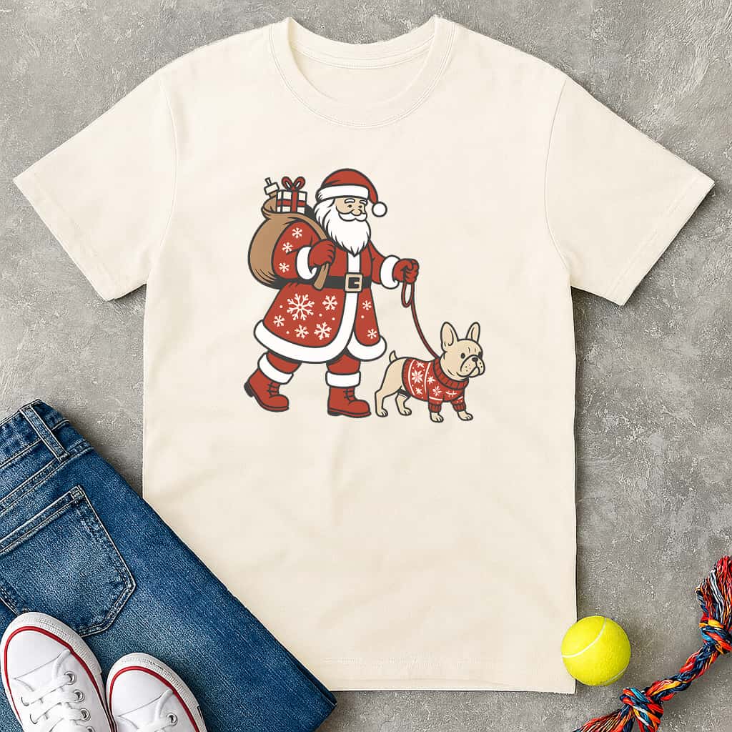 Santa walking frenchie T-Shirt - T-Shirt - Heartfur