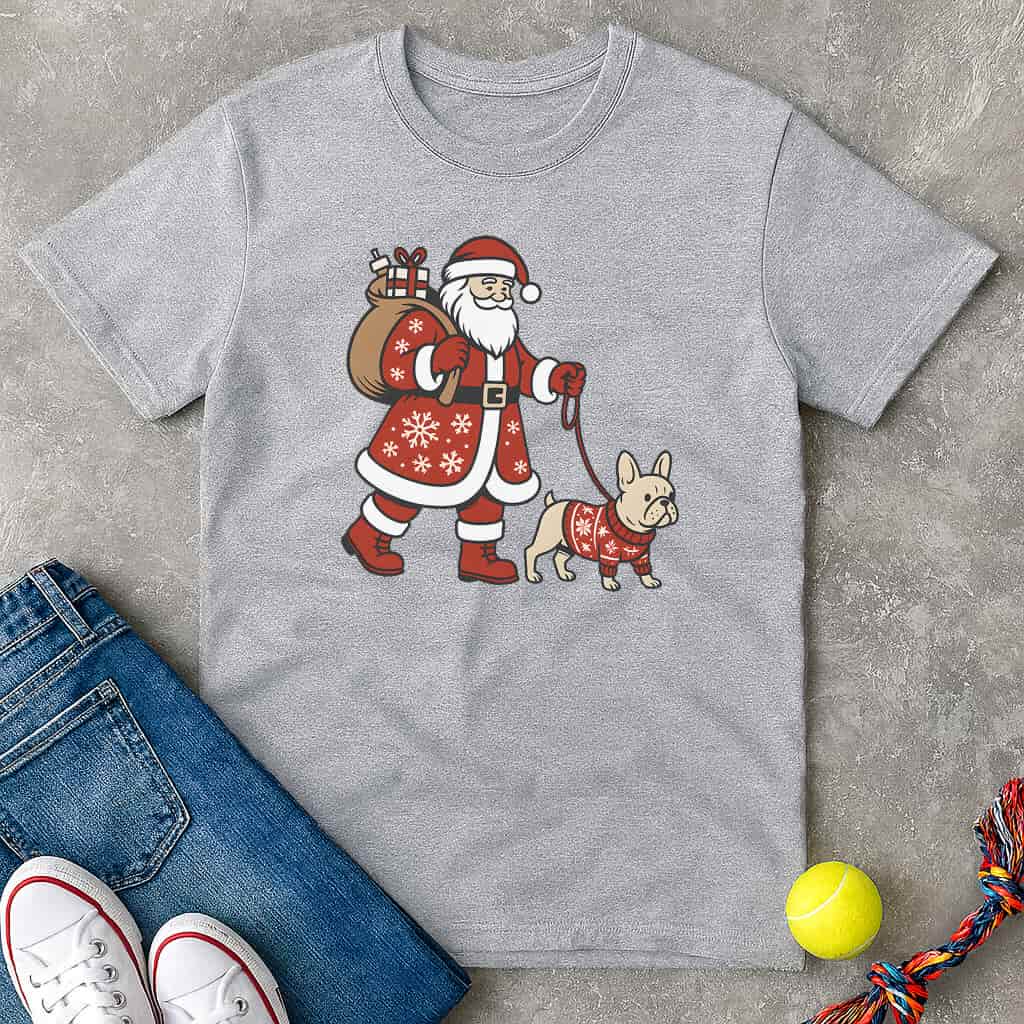 Santa walking frenchie T-Shirt - T-Shirt - Heartfur