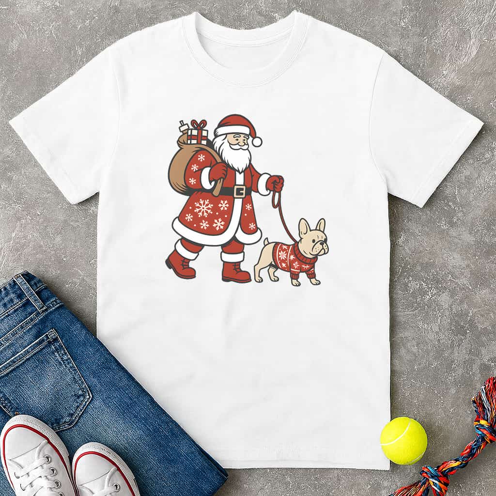 Santa walking frenchie T-Shirt - T-Shirt - Heartfur