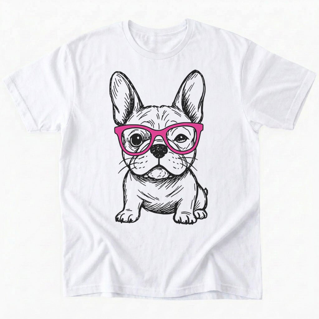 Cute Frenchie with glasses T-Shirt - White - Heartfur