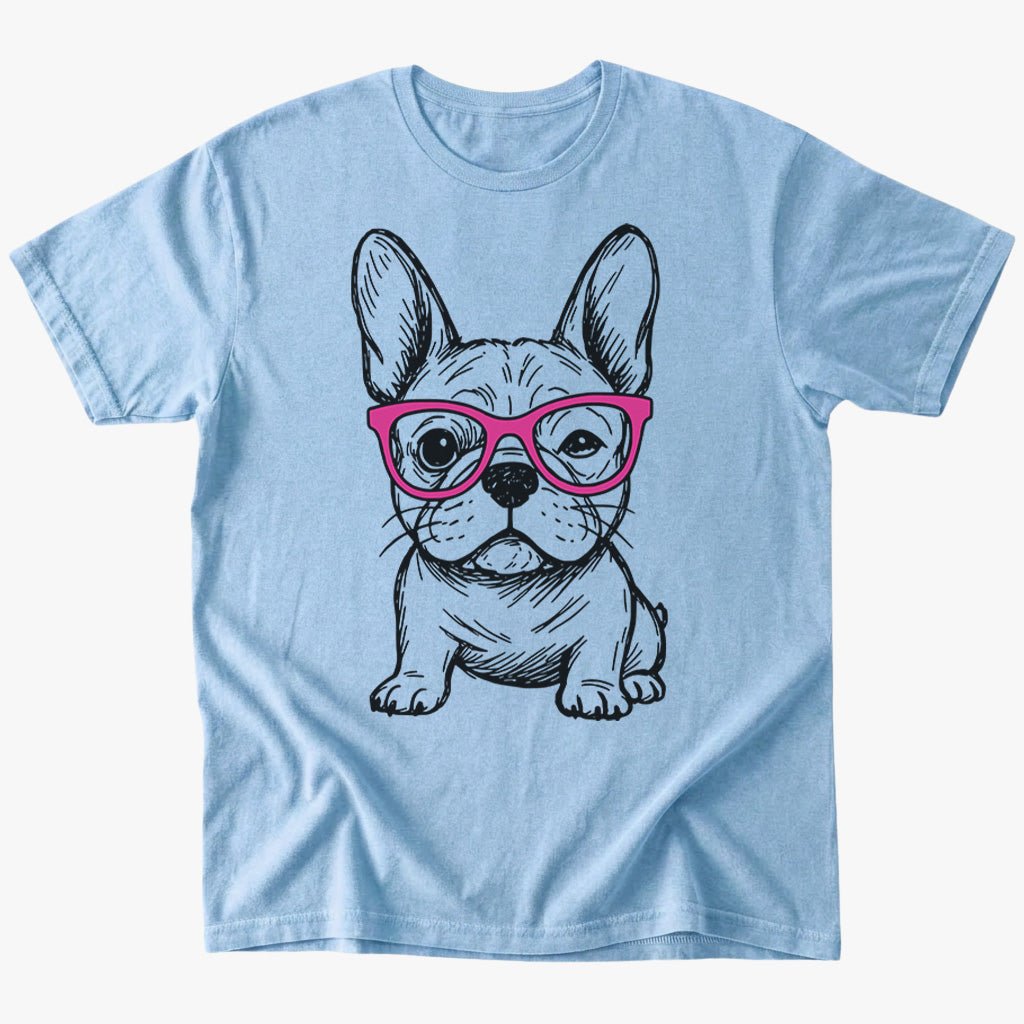 Cute Frenchie with glasses T-Shirt - Light Blue - Heartfur
