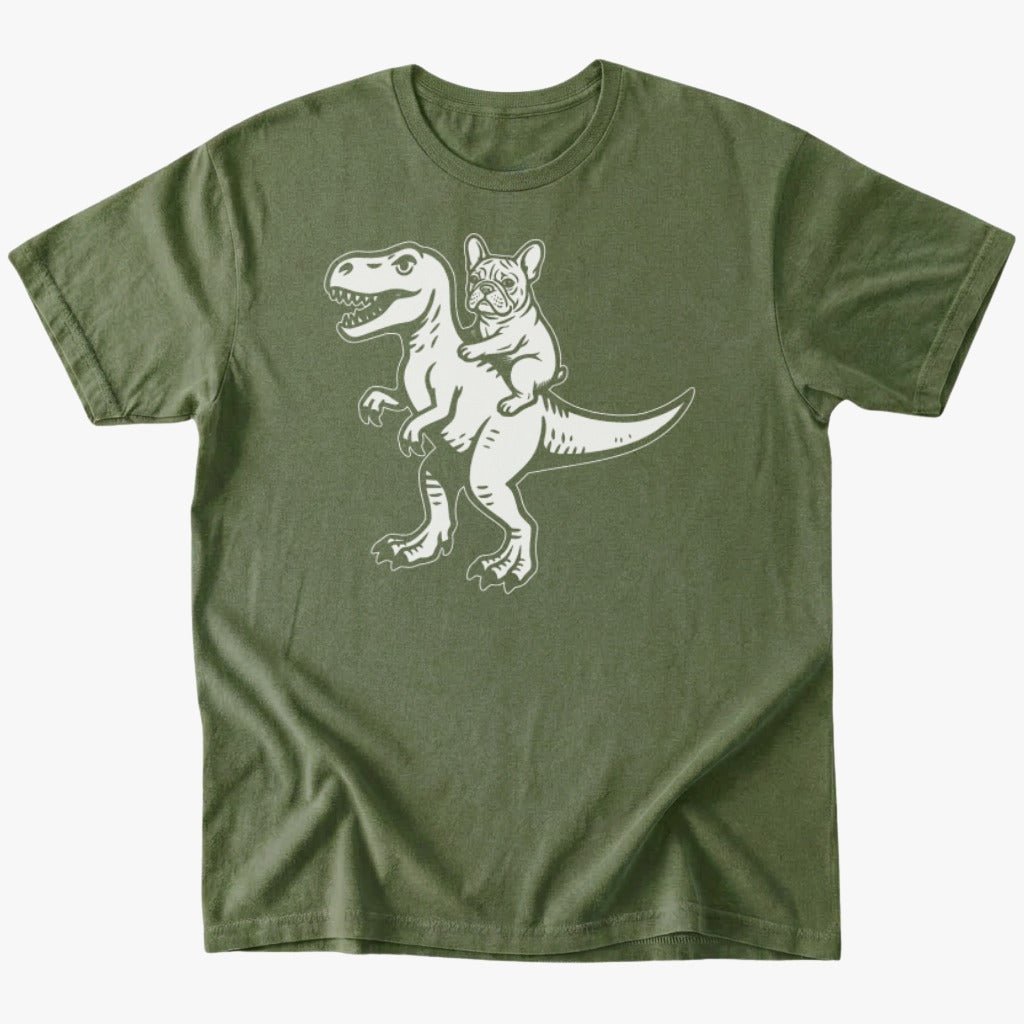 Frenchie riding dino T-Shirt - Military Green - Heartfur