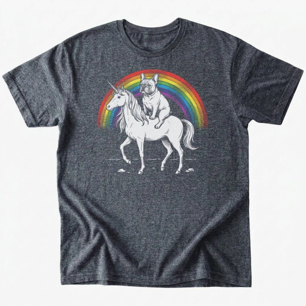 Frenchie Riding Unicorn T-Shirt - Dark Heather - Heartfur