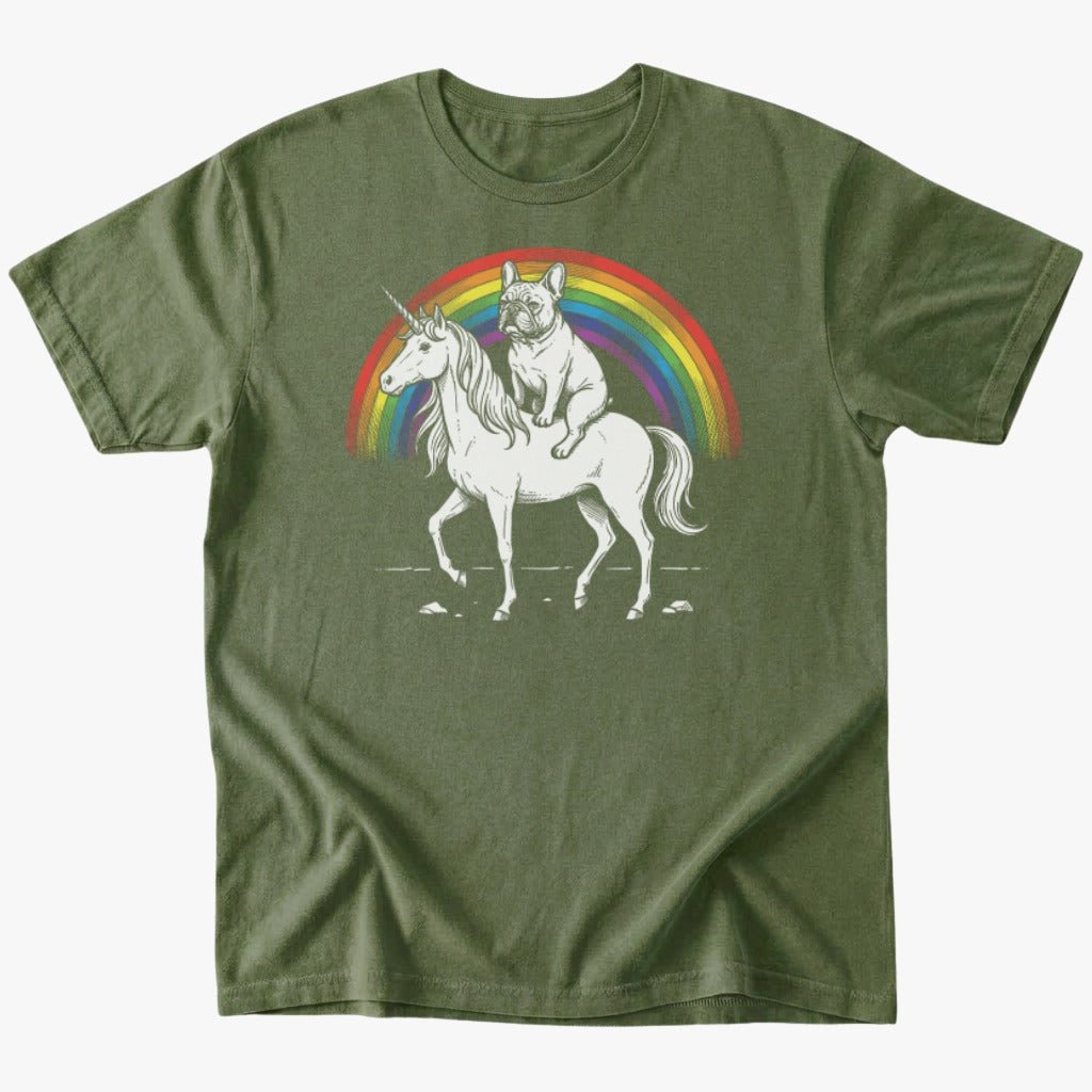 Frenchie Riding Unicorn T-Shirt - Military Green - Heartfur