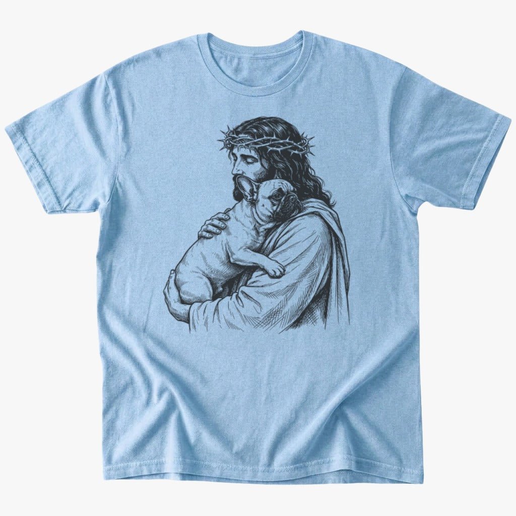 Jesus loves frenchie T-Shirt - Light Blue - Heartfur